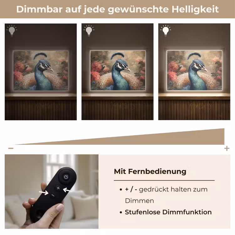 Pauw - Vogel - Bloemen - Planten - Pauwenveren Light Box met batterij (Wandlamp) middel -USP_dimbaarDE