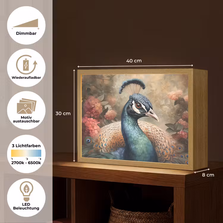 Pauw - Vogel - Bloemen - Planten - Pauwenveren Light Box met batterij (Wandlamp) middel -USP_websiteoverzichtDE