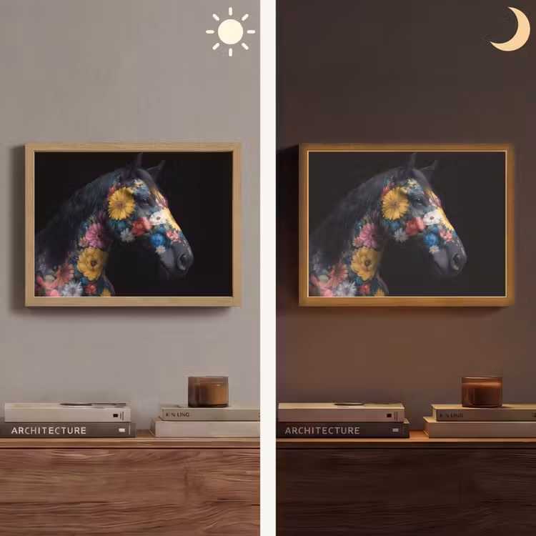 Paard - Bloemen - Zwart Light Box met batterij (Wandlamp) middel -sfeer3