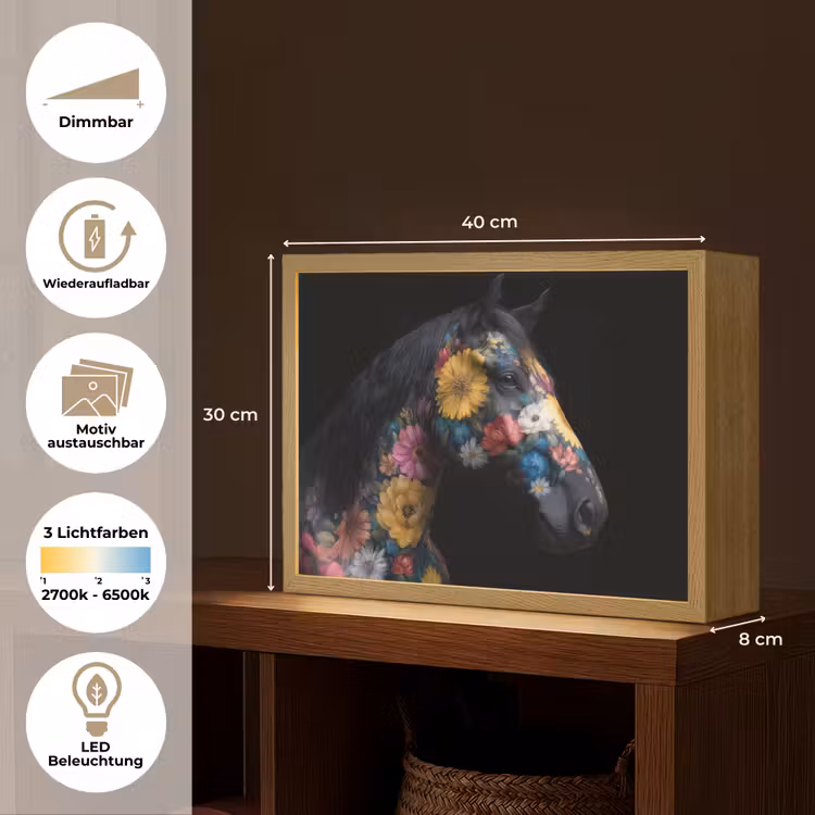 Paard - Bloemen - Zwart Light Box met batterij (Wandlamp) middel -USP_websiteoverzichtDE