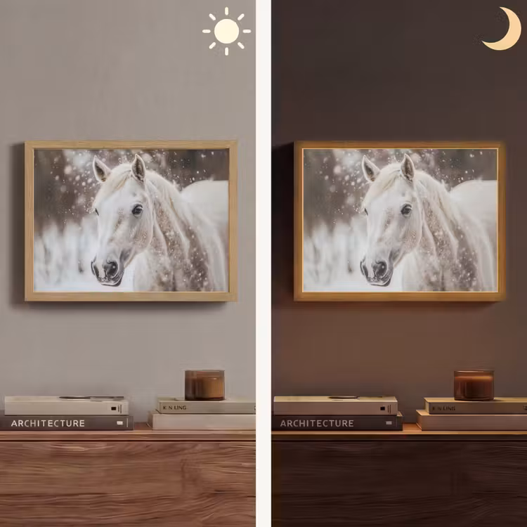 Paard - Wit - Winter - Natuur - Sneeuw - Dieren Light Box met batterij (Wandlamp) middel -sfeer3