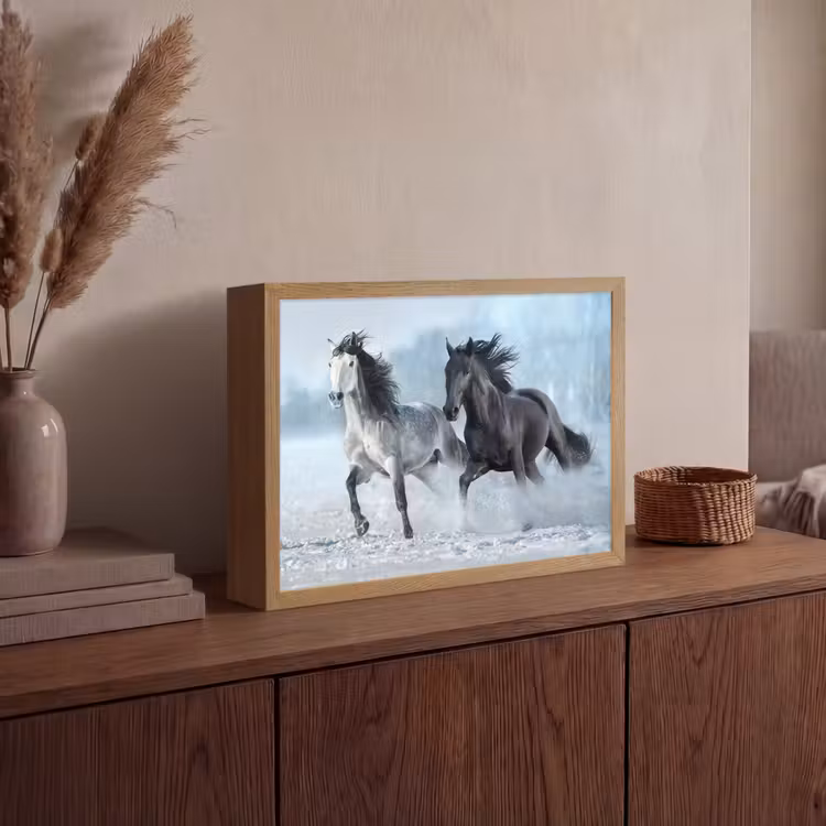Paarden - Winter - Dieren - Natuur - Sneeuw Light Box met batterij (Wandlamp) middel -sfeer2