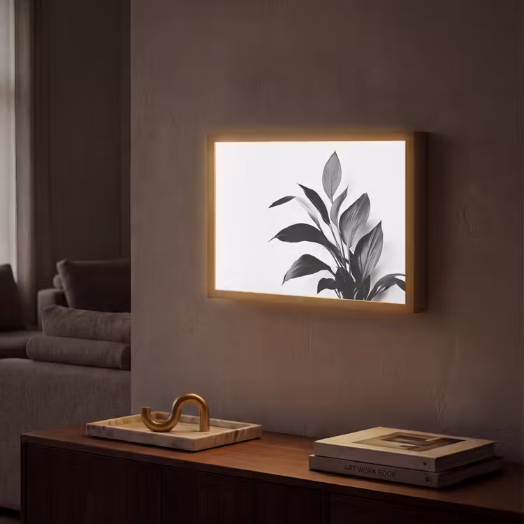 Plant - Bladeren - Minimalistisch - Zwart Light Box met batterij (Wandlamp) middel -sfeer1