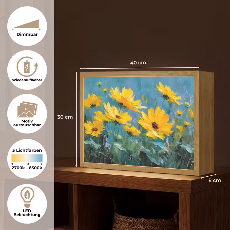Penseelstreken - Bloemen - Felgeel - Abstract Light Box met batterij (Wandlamp) middel -USP_websiteoverzichtDE