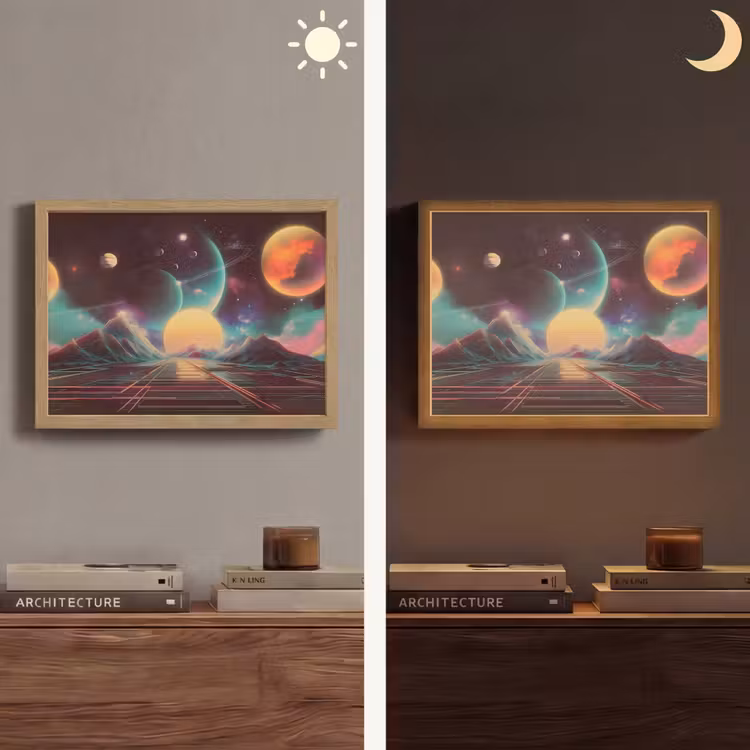 Planeten - Neon - Berglandschap - Zon Light Box met batterij (Wandlamp) middel -sfeer3