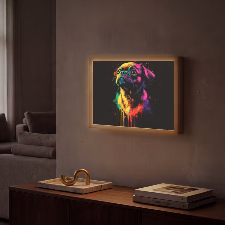 Puck - Hond - Verf - Kleuren Light Box met batterij (Wandlamp) middel -sfeer1