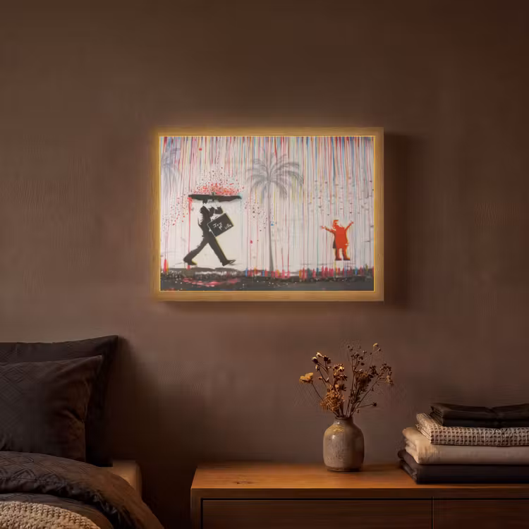 Regen - Graffiti - Man - Banksy Style Light Box met batterij (Wandlamp) middel -sfeer4