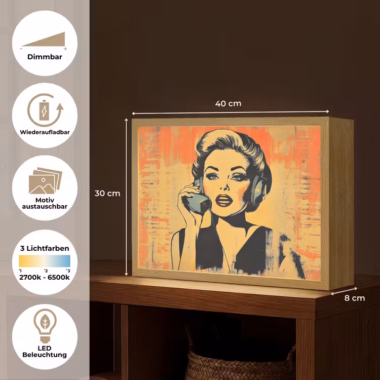 Retro - Vrouw - Koptelefoon - Oranje Light Box met batterij (Wandlamp) middel -USP_websiteoverzichtDE