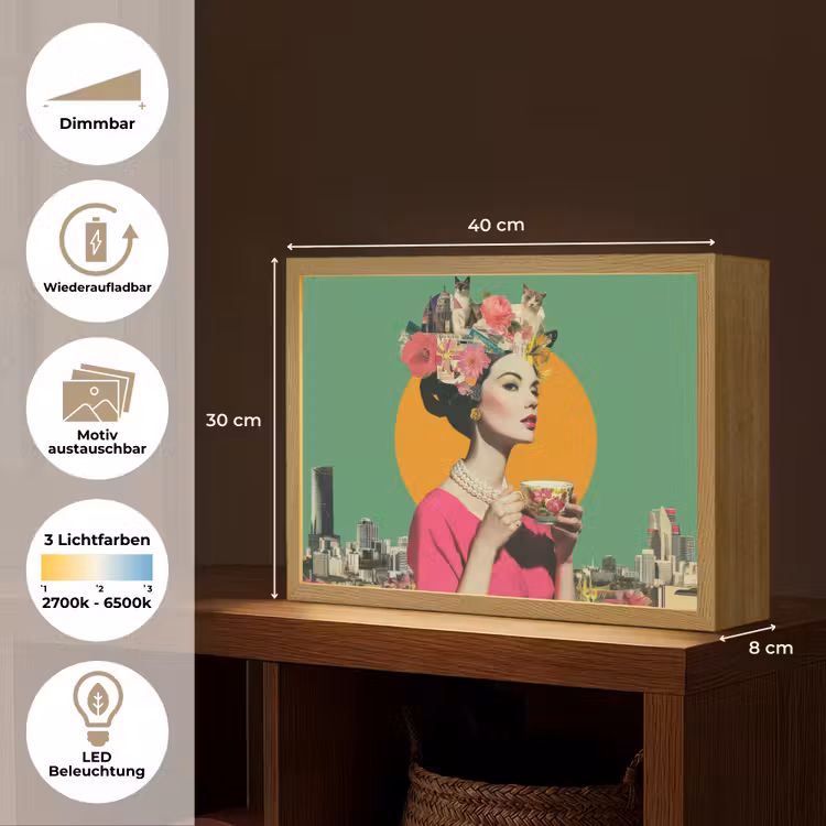 Retro - Vrouw - Stad - Zon Light Box met batterij (Wandlamp) middel -USP_websiteoverzichtDE