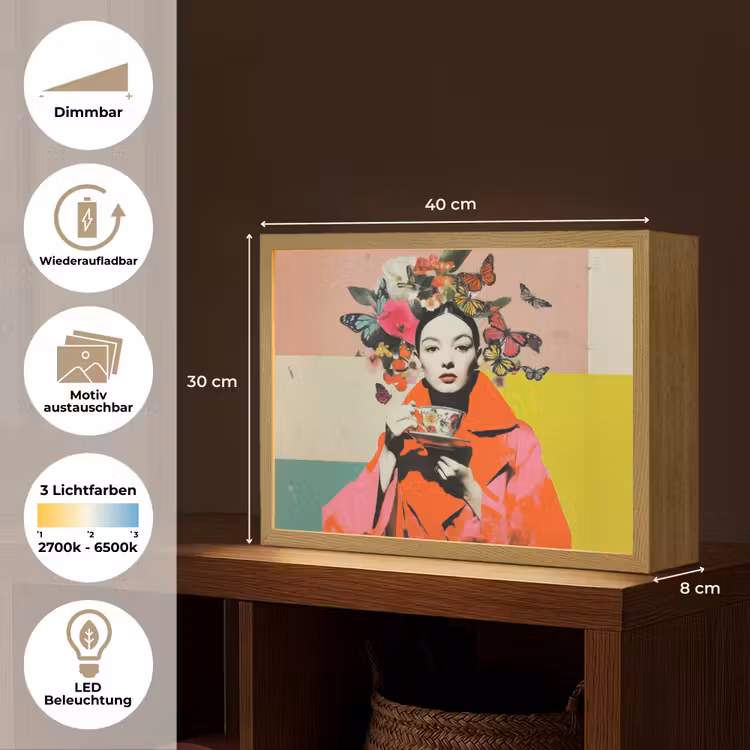 Retro - Vrouw - Kopje - Vlinders Light Box met batterij (Wandlamp) middel -USP_websiteoverzichtDE