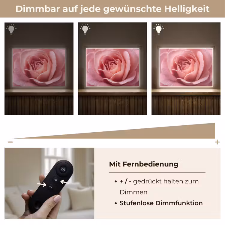 Roze - Roos - Romantisch Light Box met batterij (Wandlamp) middel -USP_dimbaarDE