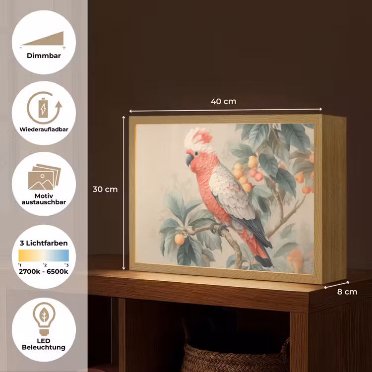 Roze kuifkaketoe - Tak met vruchten - Bladeren Light Box met batterij (Wandlamp) middel -USP_websiteoverzichtDE