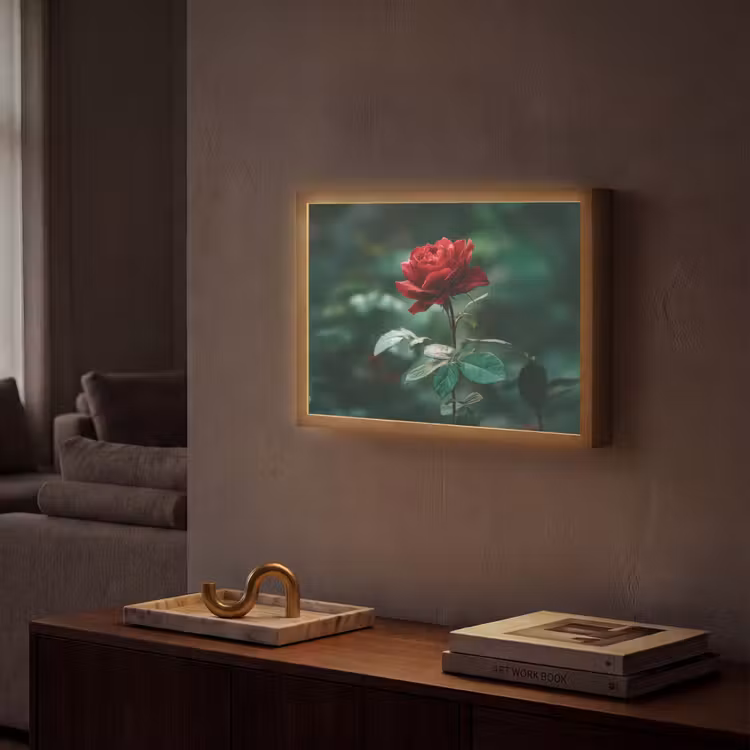 Roos - Bladeren - Dieprood Light Box met batterij (Wandlamp) middel -sfeer1
