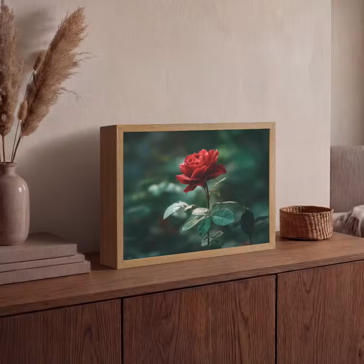 Roos - Bladeren - Dieprood Light Box met batterij (Wandlamp) middel -sfeer2