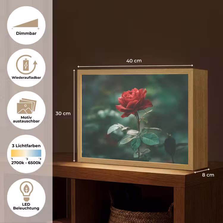Roos - Bladeren - Dieprood Light Box met batterij (Wandlamp) middel -USP_websiteoverzichtDE