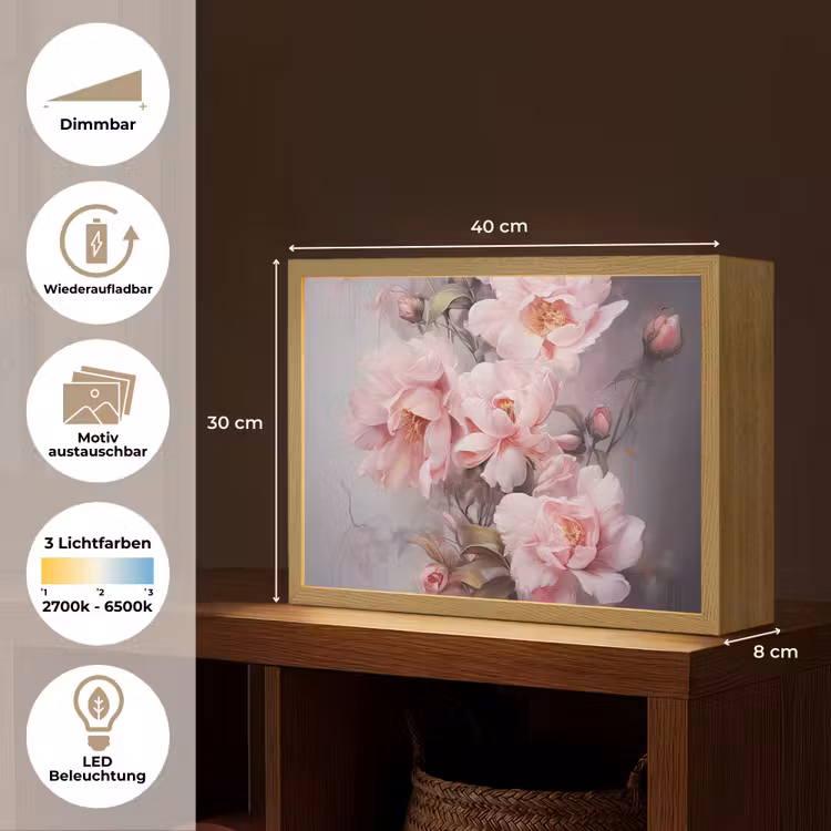 Rozen - Bloemen - Roze - Kunst - Watercolor Light Box met batterij (Wandlamp) middel -USP_websiteoverzichtDE