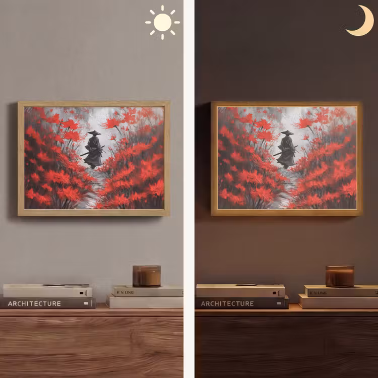 Rode bloemen - mistig - Man Light Box met batterij (Wandlamp) middel -sfeer3
