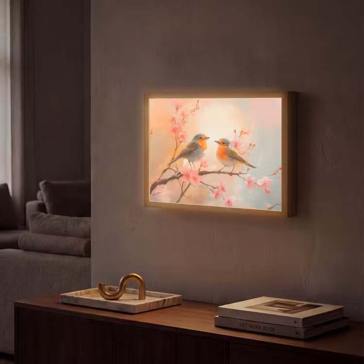 Roodborstjes - Sierlijk - Bloesemtak Light Box met batterij (Wandlamp) middel -sfeer1