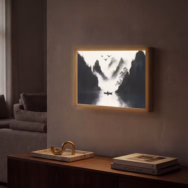 Roeiboot - Mistig - Bergen - Vogels Light Box met batterij (Wandlamp) middel -sfeer1