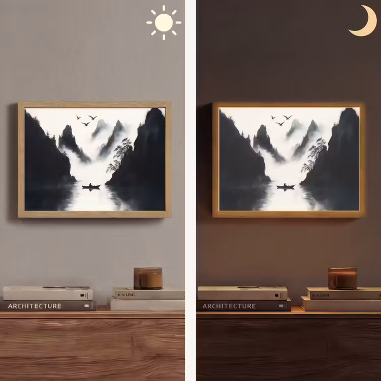 Roeiboot - Mistig - Bergen - Vogels Light Box met batterij (Wandlamp) middel -sfeer3