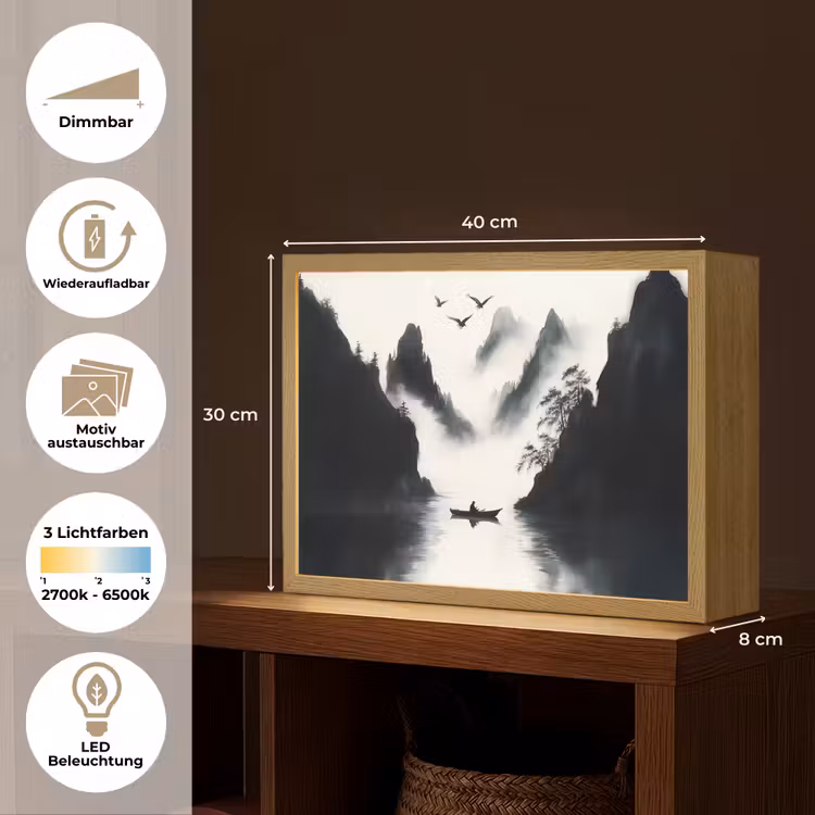 Roeiboot - Mistig - Bergen - Vogels Light Box met batterij (Wandlamp) middel -USP_websiteoverzichtDE
