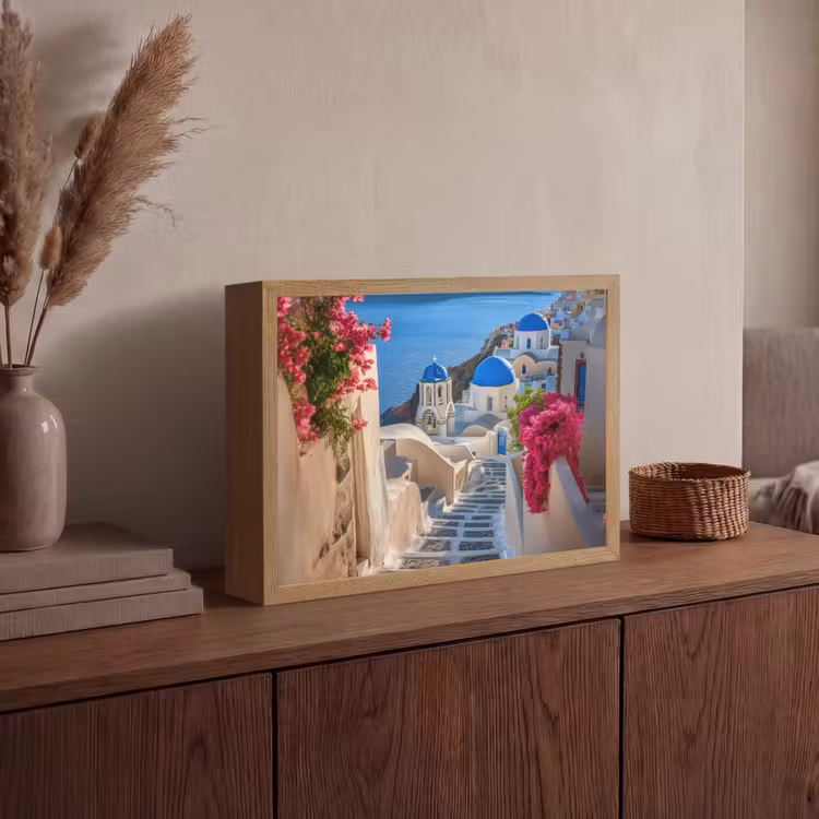 Santorini - Bloemen - Griekenland Light Box met batterij (Wandlamp) middel -sfeer2