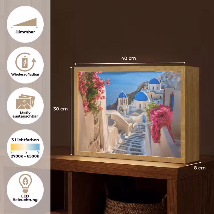 Santorini - Bloemen - Griekenland Light Box met batterij (Wandlamp) middel -USP_websiteoverzichtDE