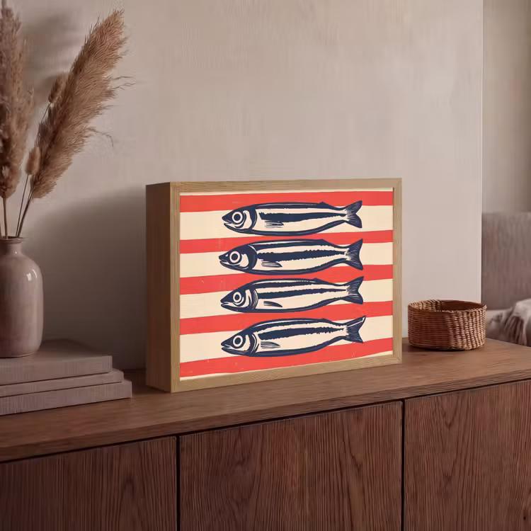 Sardines - Rood en beige strepen Light Box met batterij (Wandlamp) middel -sfeer2