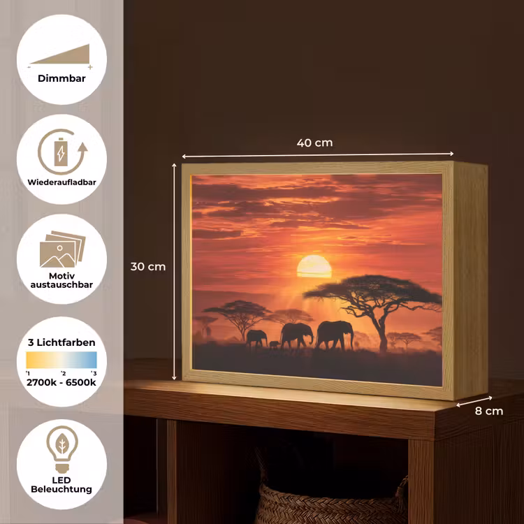 Savanne - Olifanten - Zonsondergang Light Box met batterij (Wandlamp) middel -USP_websiteoverzichtDE