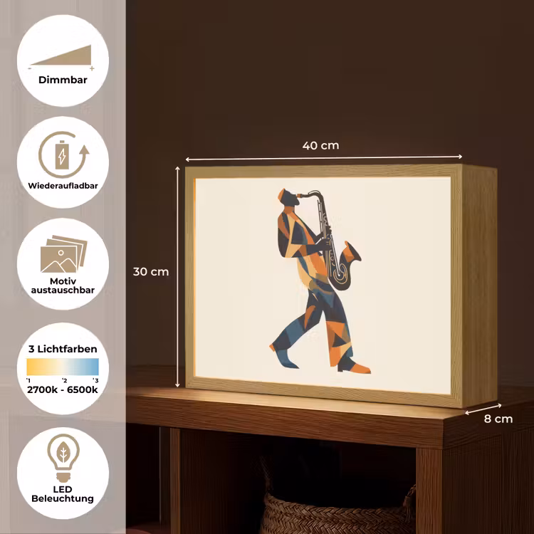 Saxofoon - Abstract - Persoon - Blauw Light Box met batterij (Wandlamp) middel -USP_websiteoverzichtDE