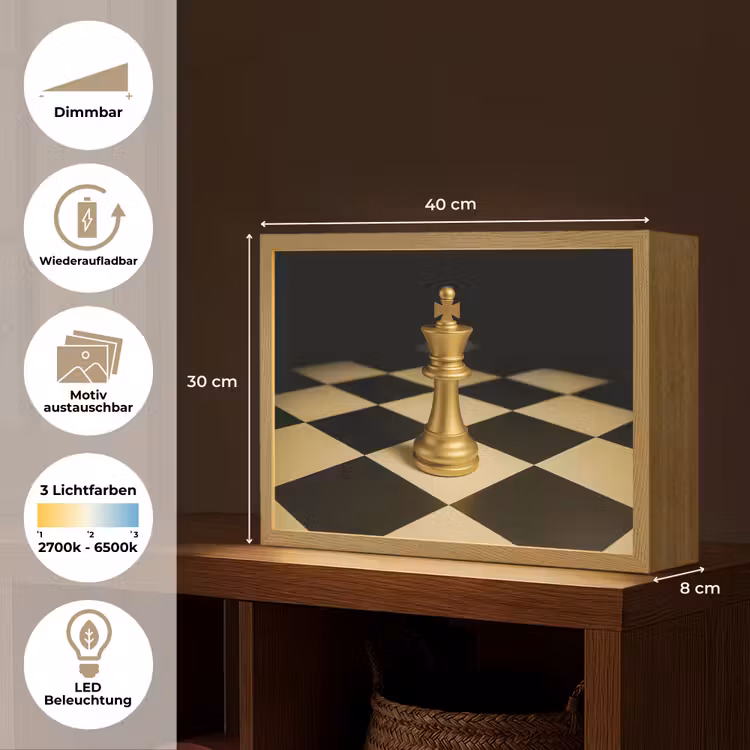 Schaakstuk - Koning - Schaakbord - Geblokt Light Box met batterij (Wandlamp) middel -USP_websiteoverzichtDE