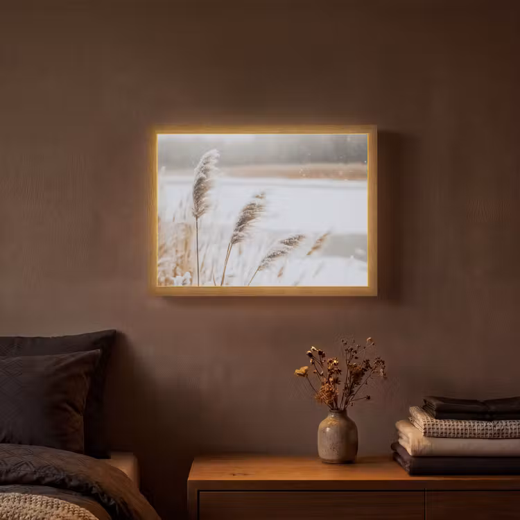 Riet - Meer - Winter - Natuur - Sneeuw - Beige Light Box met batterij (Wandlamp) middel -sfeer4