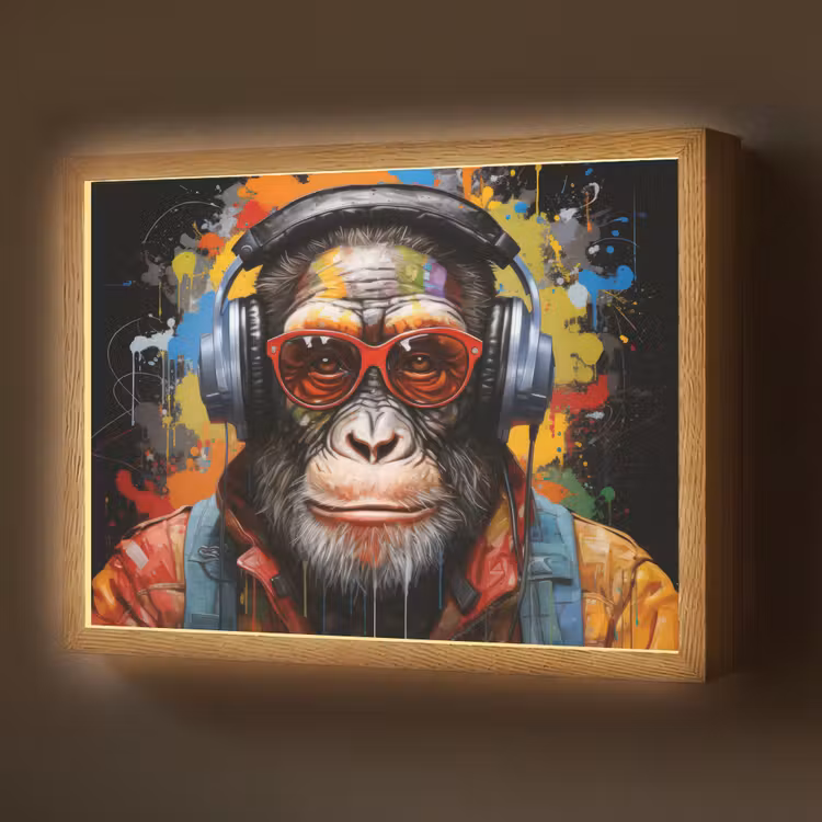 Chimpansee - Aap - dieren - Graffiti - Bril - Koptelefoon - Kleuren Light Box met batterij (Wandlamp) middel -z3d_website