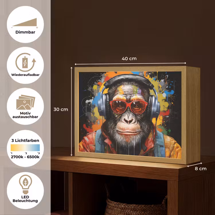 Chimpansee - Aap - dieren - Graffiti - Bril - Koptelefoon - Kleuren Light Box met batterij (Wandlamp) middel -USP_websiteoverzichtDE