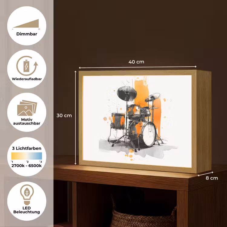 Drumstel - Oranje - Zwart - Aquarelverf Light Box met batterij (Wandlamp) middel -USP_websiteoverzichtDE