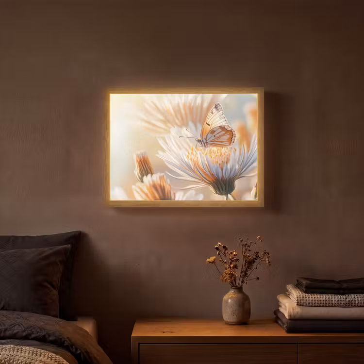 Vlinder - Bloem - Oranje Light Box met batterij (Wandlamp) middel -sfeer4