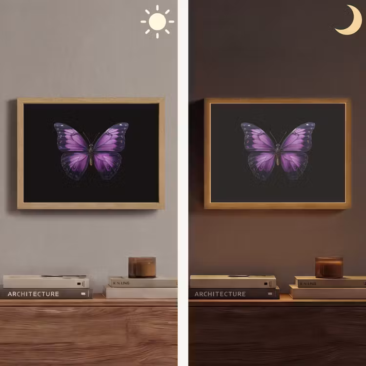 Vlinder - Paars - Levendig Light Box met batterij (Wandlamp) middel -sfeer3