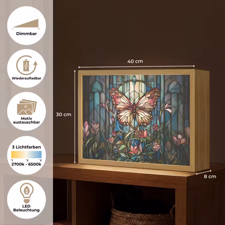 Vlinder - Roze - Bloemen - Bladeren Light Box met batterij (Wandlamp) middel -USP_websiteoverzichtDE
