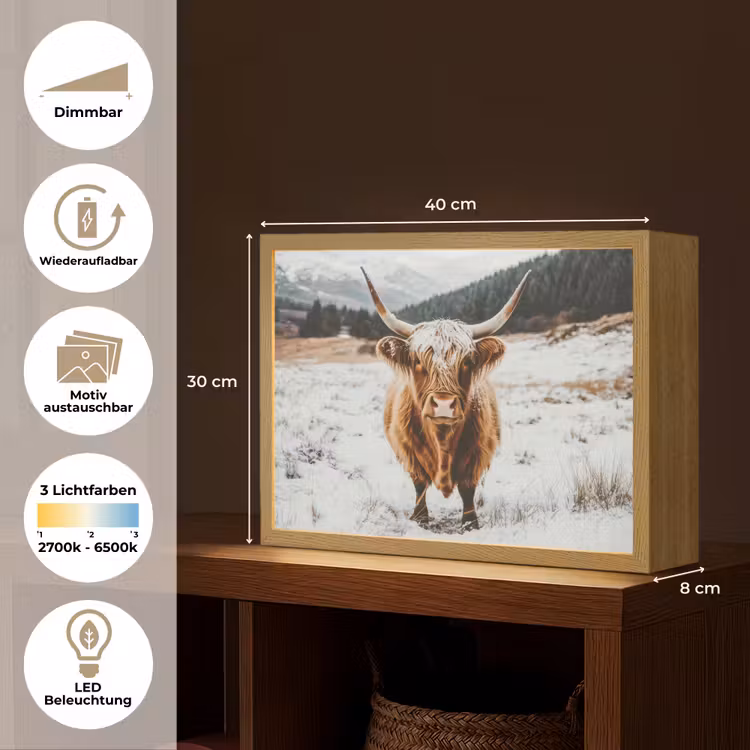Schotse Hooglander - Landschap - Sneeuw - Bergen - Winter Light Box met batterij (Wandlamp) middel -USP_websiteoverzichtDE
