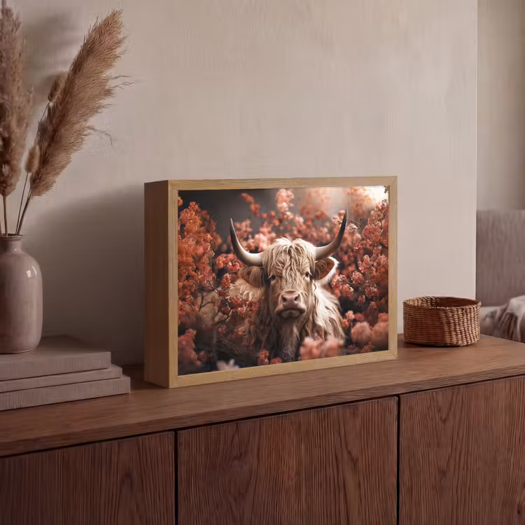 Schotse hooglander - Dier - Natuur - Bloemen - Botanisch Light Box met batterij (Wandlamp) middel -sfeer2
