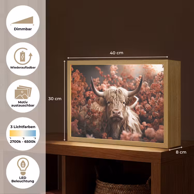 Schotse hooglander - Dier - Natuur - Bloemen - Botanisch Light Box met batterij (Wandlamp) middel -USP_websiteoverzichtDE