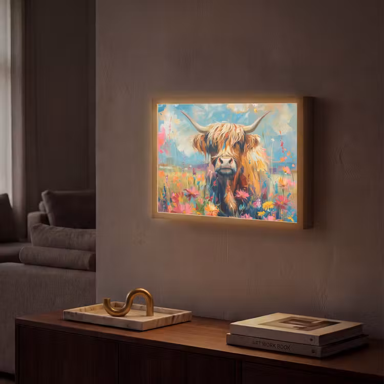 Schotse hooglander - Natuur - Kleurrijk - Bloemen Light Box met batterij (Wandlamp) middel -sfeer1