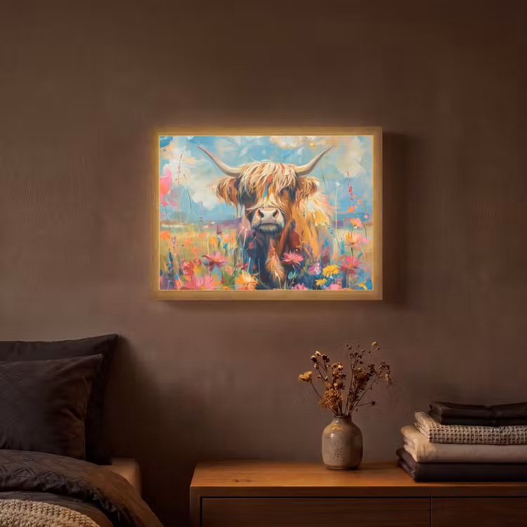 Schotse hooglander - Natuur - Kleurrijk - Bloemen Light Box met batterij (Wandlamp) middel -sfeer4