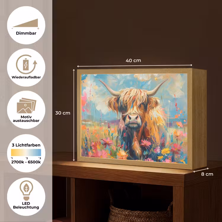 Schotse hooglander - Natuur - Kleurrijk - Bloemen Light Box met batterij (Wandlamp) middel -USP_websiteoverzichtDE