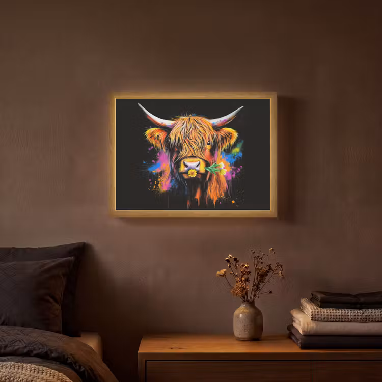 Schotse Hooglander - Graffiti - Kleurrijk - Bloem - Dieren Light Box met batterij (Wandlamp) middel -sfeer4