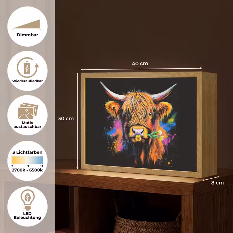 Schotse Hooglander - Graffiti - Kleurrijk - Bloem - Dieren Light Box met batterij (Wandlamp) middel -USP_websiteoverzichtDE