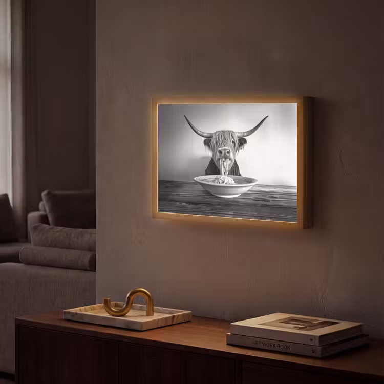 Schotse Hooglander - Spaghetti - Dieren - Zwart wit Light Box met batterij (Wandlamp) middel -sfeer1