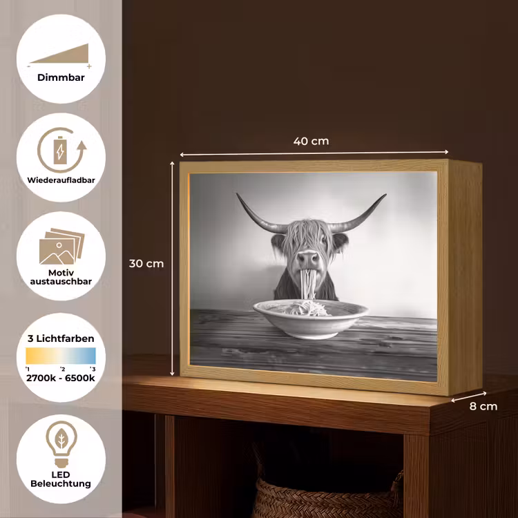 Schotse Hooglander - Spaghetti - Dieren - Zwart wit Light Box met batterij (Wandlamp) middel -USP_websiteoverzichtDE