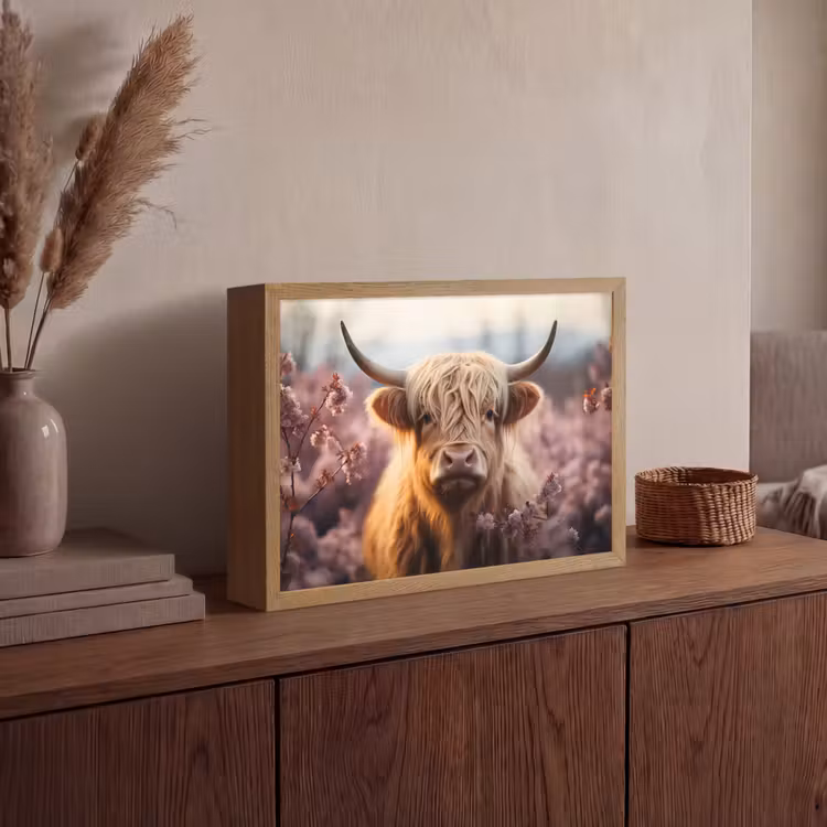 Schotse hooglander - Dieren portret - Bloemen - Dier Light Box met batterij (Wandlamp) middel -sfeer2