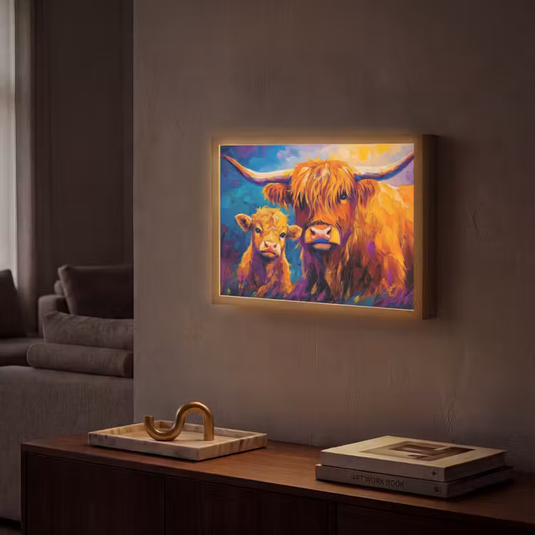 Schotse hooglander - Koeien - Dieren - Kunst Light Box met batterij (Wandlamp) middel -sfeer1